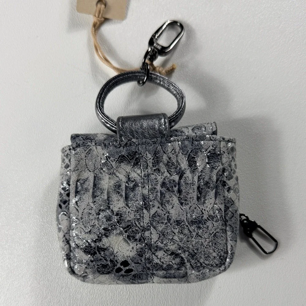 Hobo Silver Snakeskin Leather Mini Bag Charm‎ Pouch O-Ring Handle New